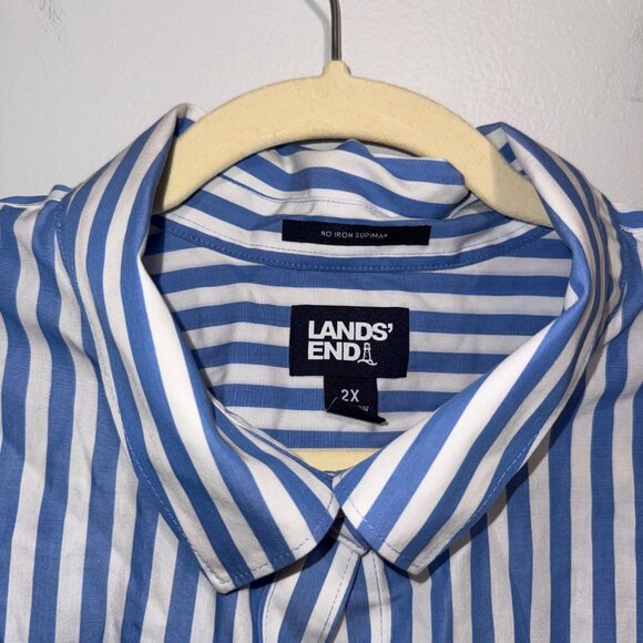 Lands End Womens No Iron Supima Shirt Blue/White Striped Button-Down Size 2X - Picture 4 of 6